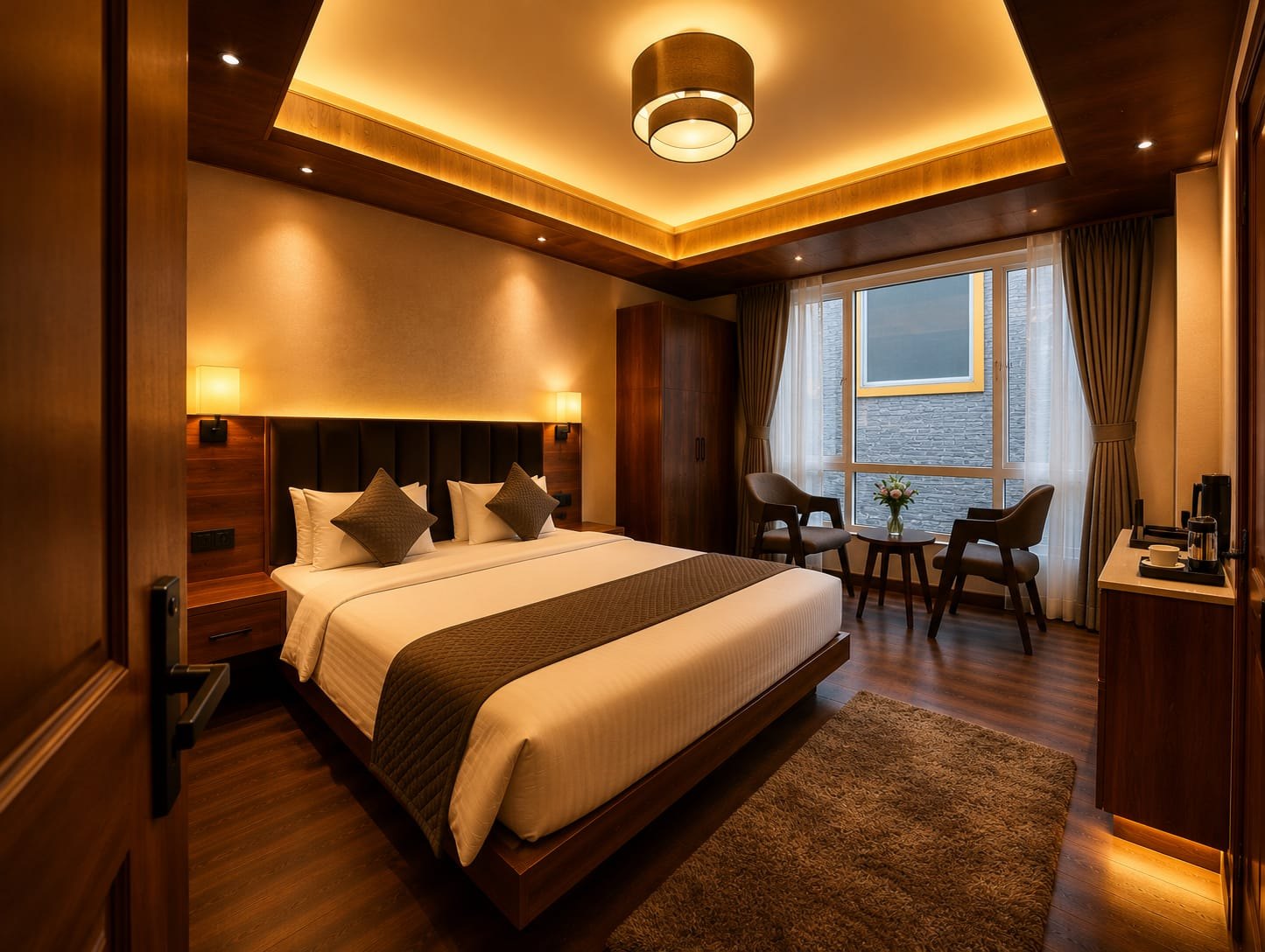 Warmly lit Travel Haven room with a wood platform bed, tufted headboard, and mountain-view window seating