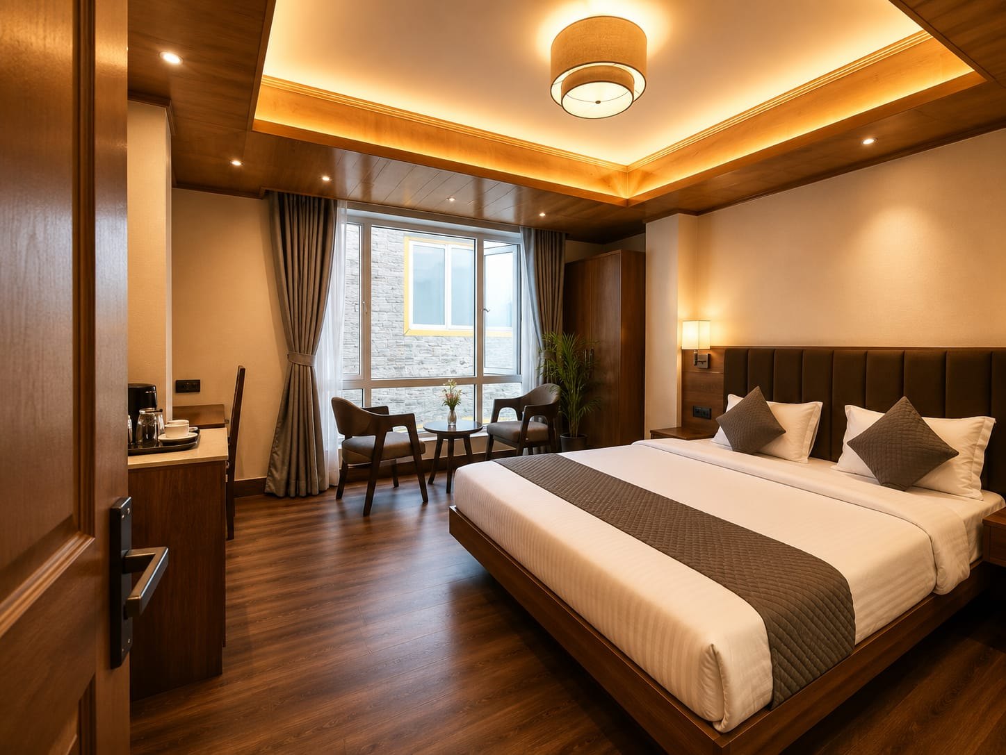 Deluxe Room with tea and coffee station and seating nook by the window